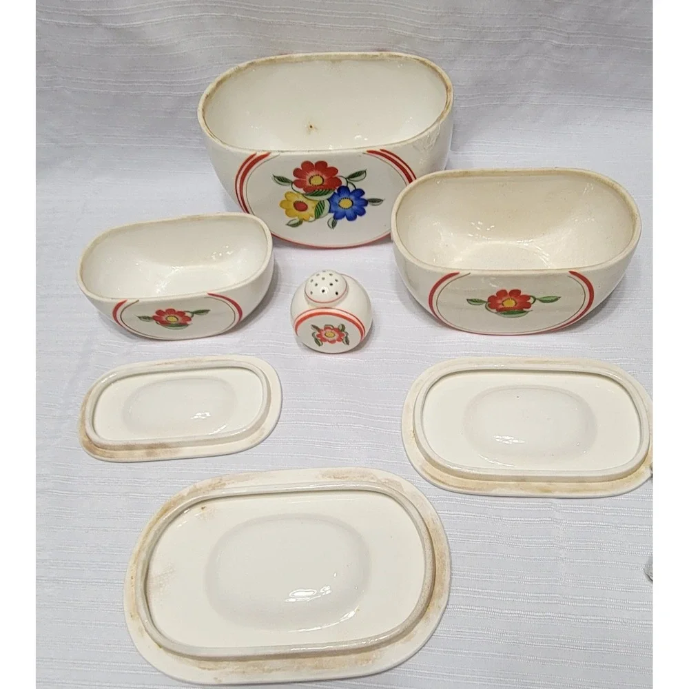 Vintage Floral Ceramic Nesting Canister Set 7pc Cream Red Blue Yellow Shaker